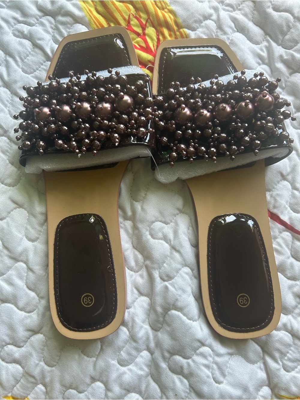 Angel Dear Black Beaded Pearl Slide Sandals with Tan Sole